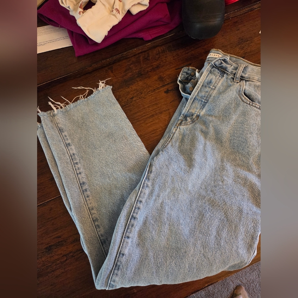 PacSun Distressed Hem Light Blue Jeans High Rise Straight 90s Mom Cabincore